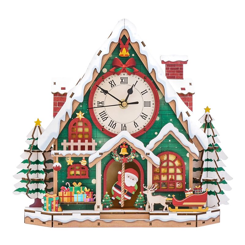 Jigfoxy 3D Wooden Puzzles for Adults Christmas Snow House Clock, Mechanical 3D Puzzle Clock Building Kit- DIY Hobbies for Puzzle Lovers, Wall Clock