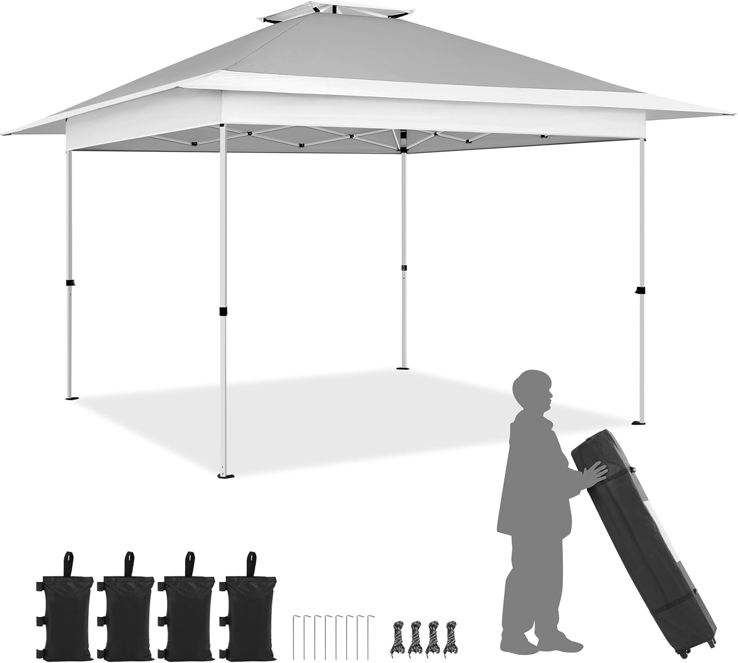 Yaheetech 13x13 Pop Up Canopy Tent, Straight Leg Easy Single Person Set-up Folding Shelter w/Extending Eaves w/Rolling Storage Bag & Sandbags for Garden, Patio, Lawn, Backyard, Deck, Light Gray/White