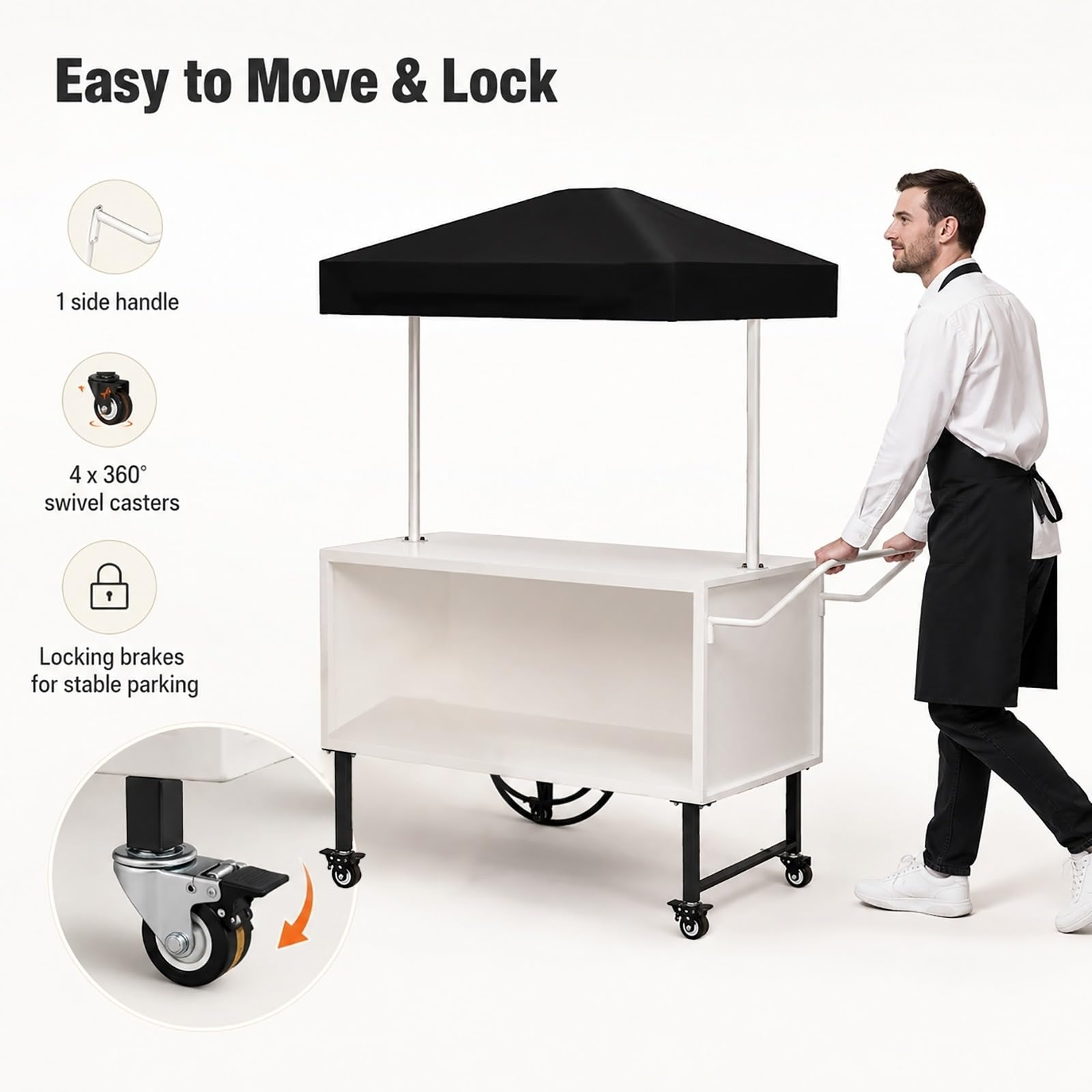 Carrito de Venta con Toldo, Puesto Ambulante con Ruedas, Stand Expositor para Mercadillos y Eventos Promocionales, Puesto para Mercado Agrícola(Orange,120x50x190cm/47x20x75in)