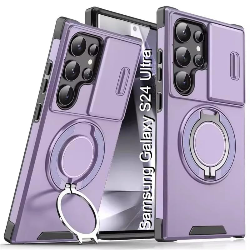 Image of LuxuryKase Shockproof Rugged Case for Samsung Galaxy S24 Ultra | Slide Camera Cover | 360 Rotating Ring Kickstand | Military-Grade Protection - Lavender Purple
