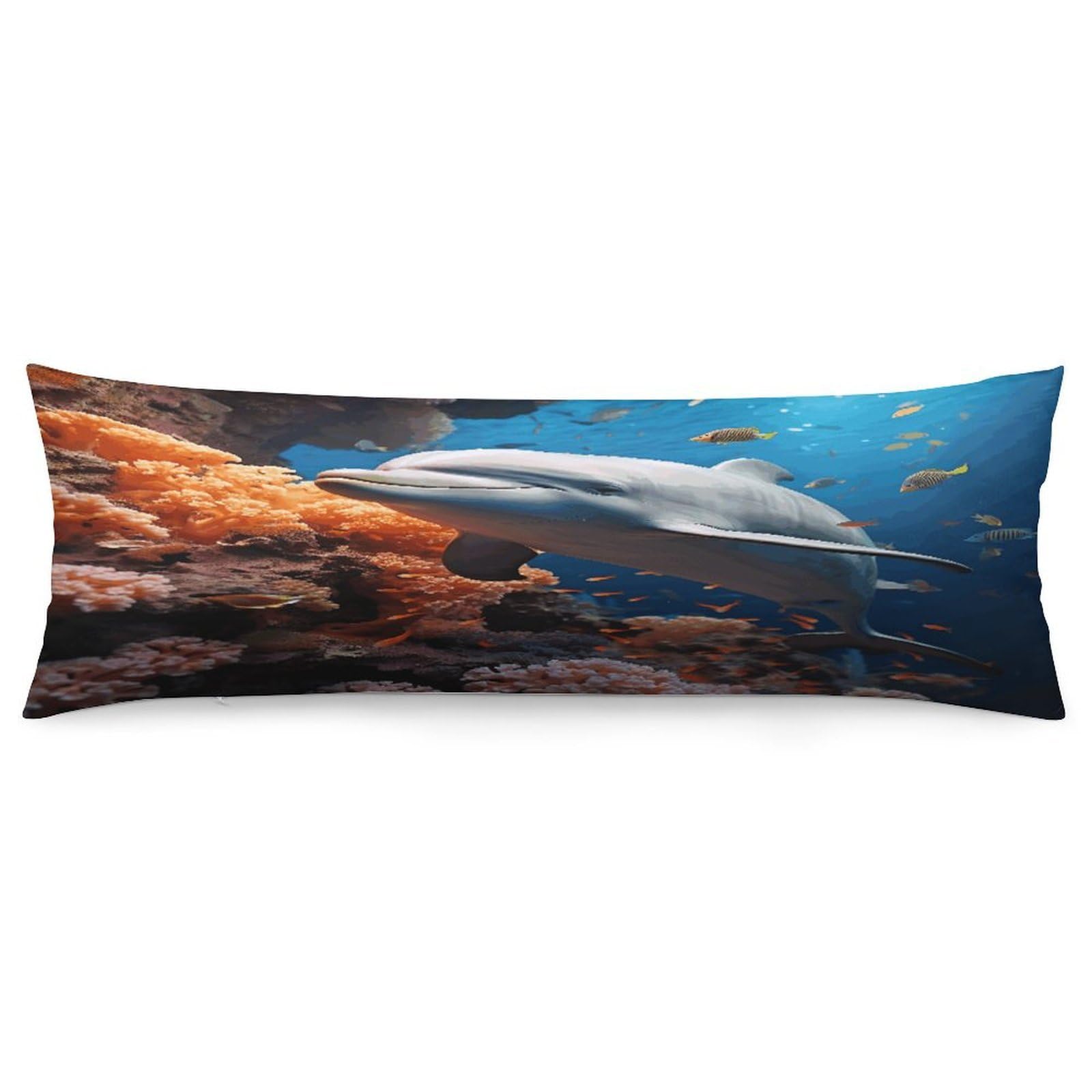 Dolphin On Coral Body Pillow Cover Soft Full Long Pillow Cover Decorative Large Pillow Case Cozy Body Pillow Pillowcase Pillow Shams for Bed Sofa Couch Room Decor 18.9 X 53 Inch