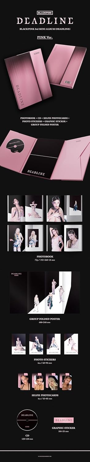 BLACK PINK : Deadline - (PINK Version) 3rd Mini Album CD+Photobook+Selfie Photocards+Photo Stickers+Graphic Sticker+Group Folded Poster