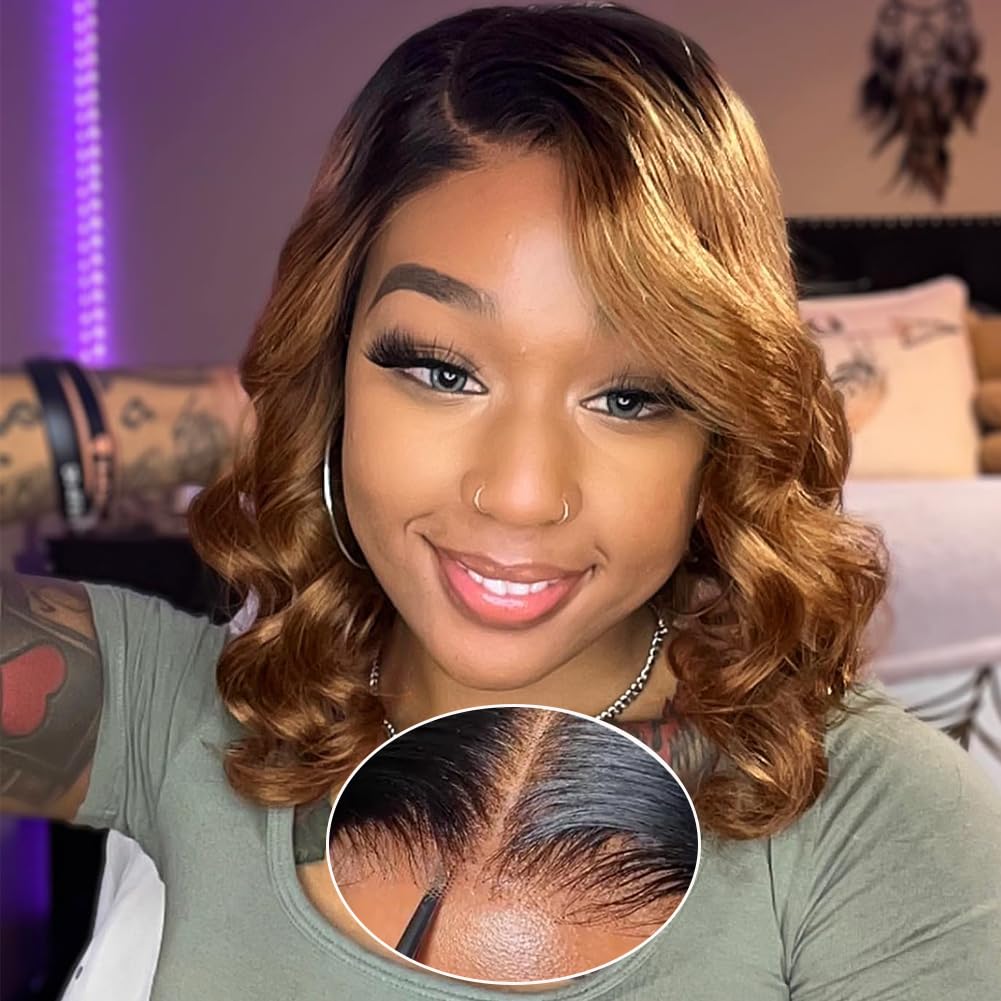 1B/30 Lace Front Wigs Human Hair Highlight Ombre 5x5 Pre Cut Lace Frontal Wig Human Hair Dark Root to Brown 5x5 HD Lace Closure Wigs Glueless Bouncy