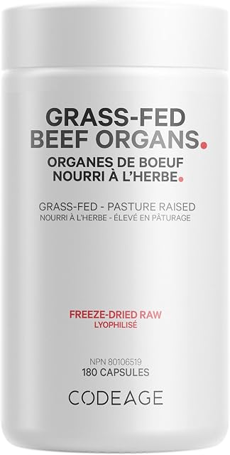 Codeage Supplément pour organes de boeuf herbeux – Suppléments glandulaires - Gel séché, non dénaturé, foie déshydraté, coeur, rein, pancréas & Pilules bovines de la rate – Vitamines de boeuf - Non-OGM -180 Capsules