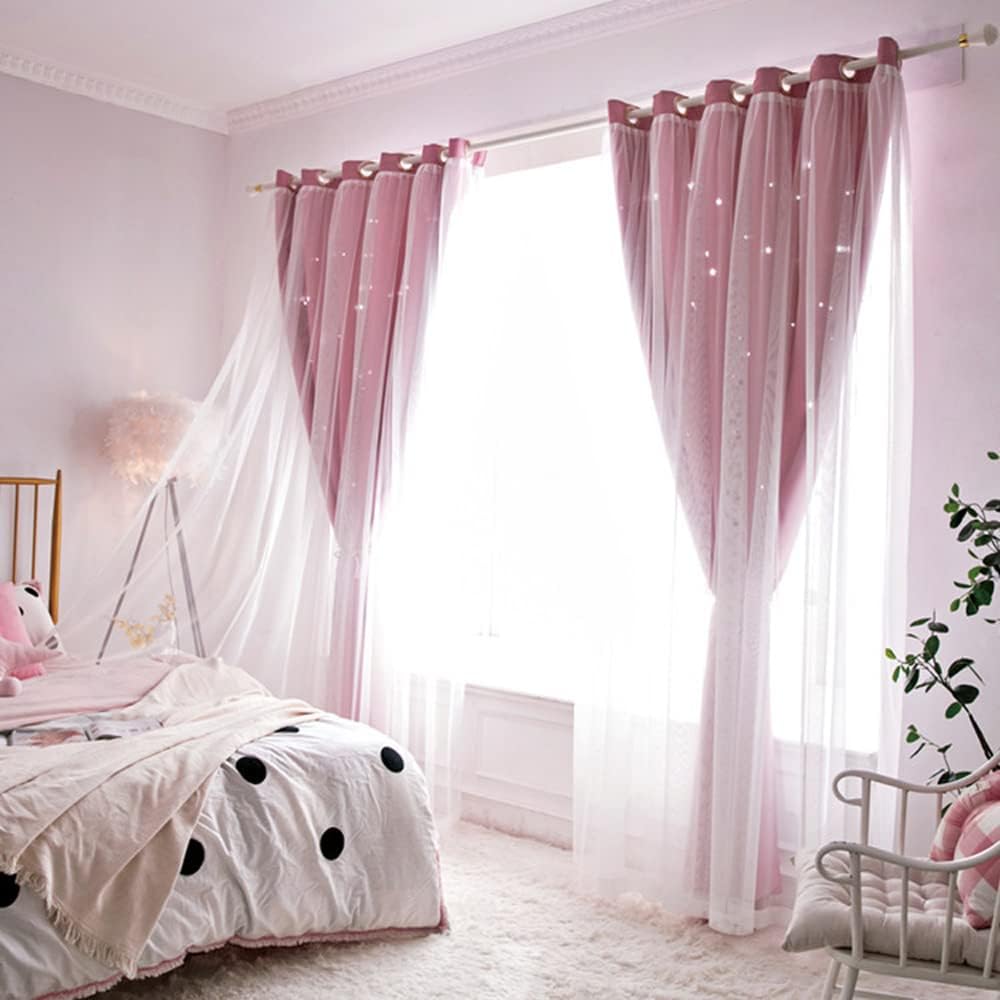 Girls Curtains for Bedroom Star Hollow Out Blackout Curtains for Kids Room Decor Double Layer Star Cut Out Window Curtains (Pink, 2 Panels W52 X L63 Inches)