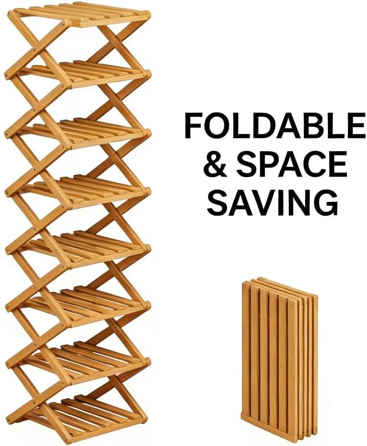 The 9-Tier No-Assembly Bamboo Rack, Foldable 9 Tier Bamboo Corner Shoe Rack, Space-Saving Organizer for Shoes, No Assembly Narrow Shoe Shelf for Entryway Closet Dorm Small Spaces(7 Tiers)