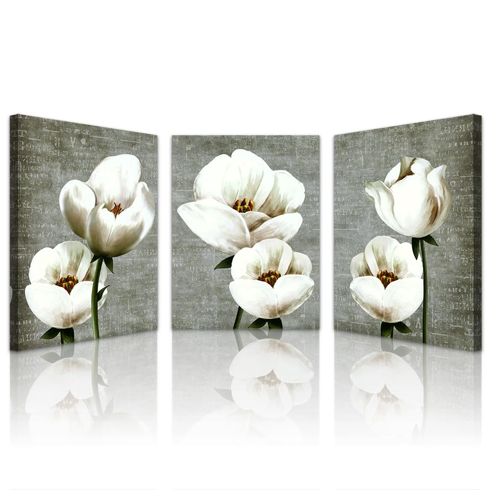 Lapremoly Canvas Wall Art For Bedroom Room Modern Wall Decor For Living Room Gray Green Vintage Style Wall Painting Artwork White Flowers Abstract Pictures 3 Panels Ready To Hang Kitchen Home Decor