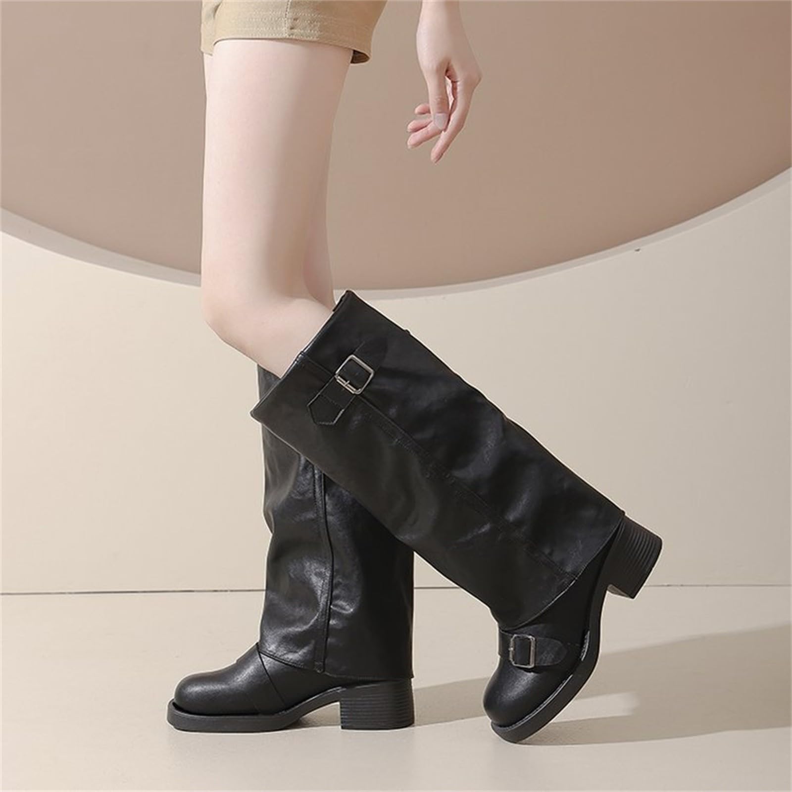 Generico Stivali Donna con Tacco Invernali Autunnali Texani Cowboy Stivaletti Alti Stivali al Ginocchio Stivaletti Punta Stivaletto Wide Fit con Plateau Blocco scarpe Gamba Larga in Pelle