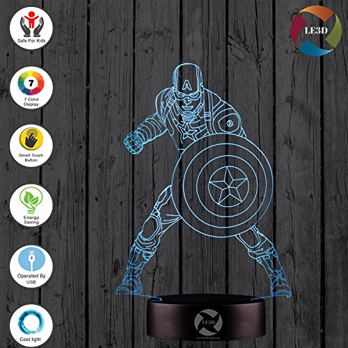 3D Optical Illusion Night Light - 7 Led Color Changing Lamp - Cool Soft Light Safe For Kids - Solution For Nightmares - Marvel Comics Avengers Captain America #TOP2