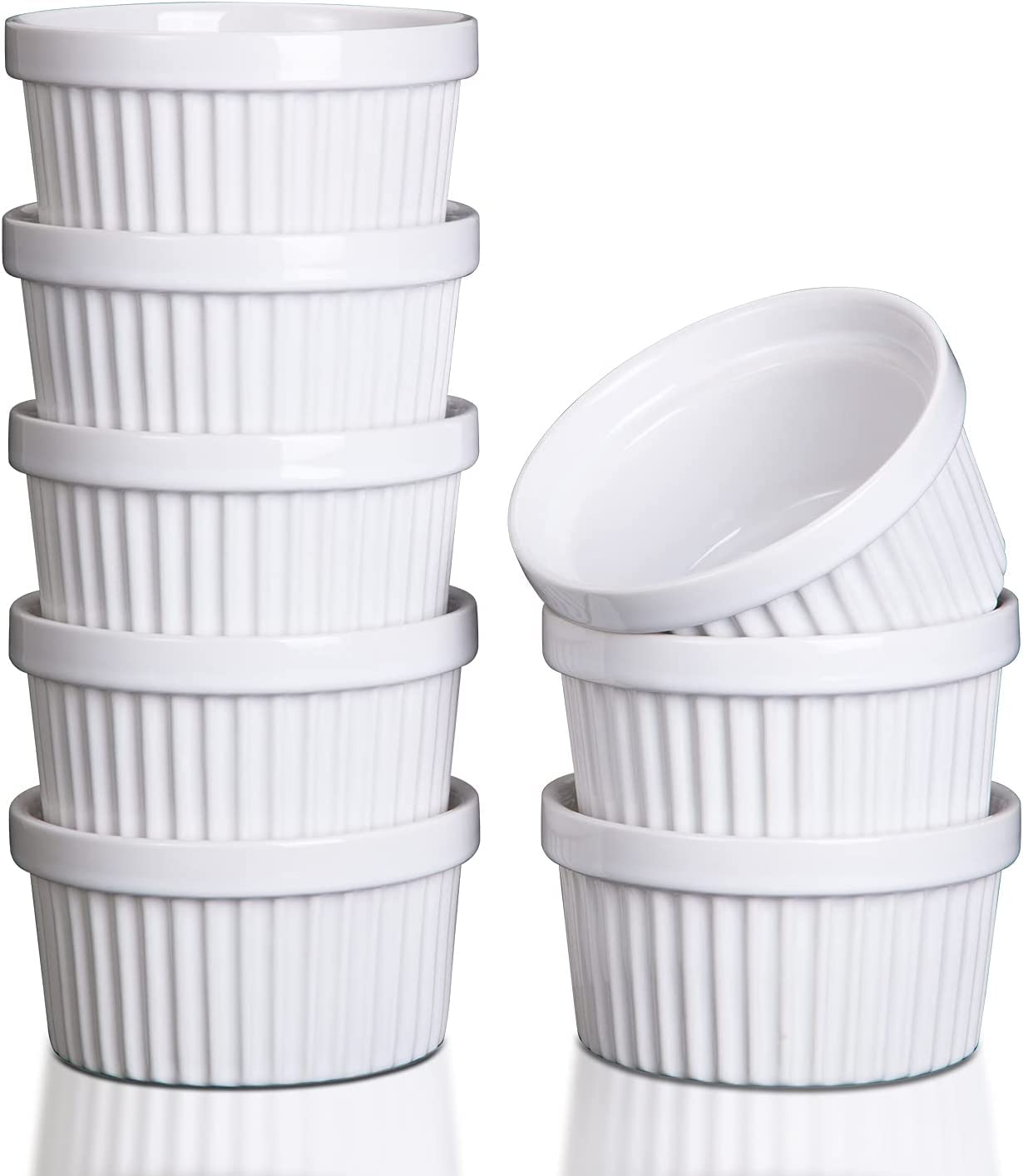 8 Oz Ramekins Set of 8, Ceramic Ramiken Oven Safe, Stackable Souffle Cups, Creme Brulee Ramekins for Baking, Dessert, Ice Cream, Snack, Souffle Dishes (White)