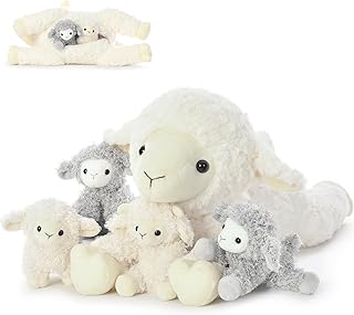 5Pcs Lamb Stuffed Animal Set, Mommy Lamb Plush 20 Inch with 4 Baby Lambs in Her Zippered Tummy, Stuffed Sheep Plushie Toy for Girls Boys and Kids