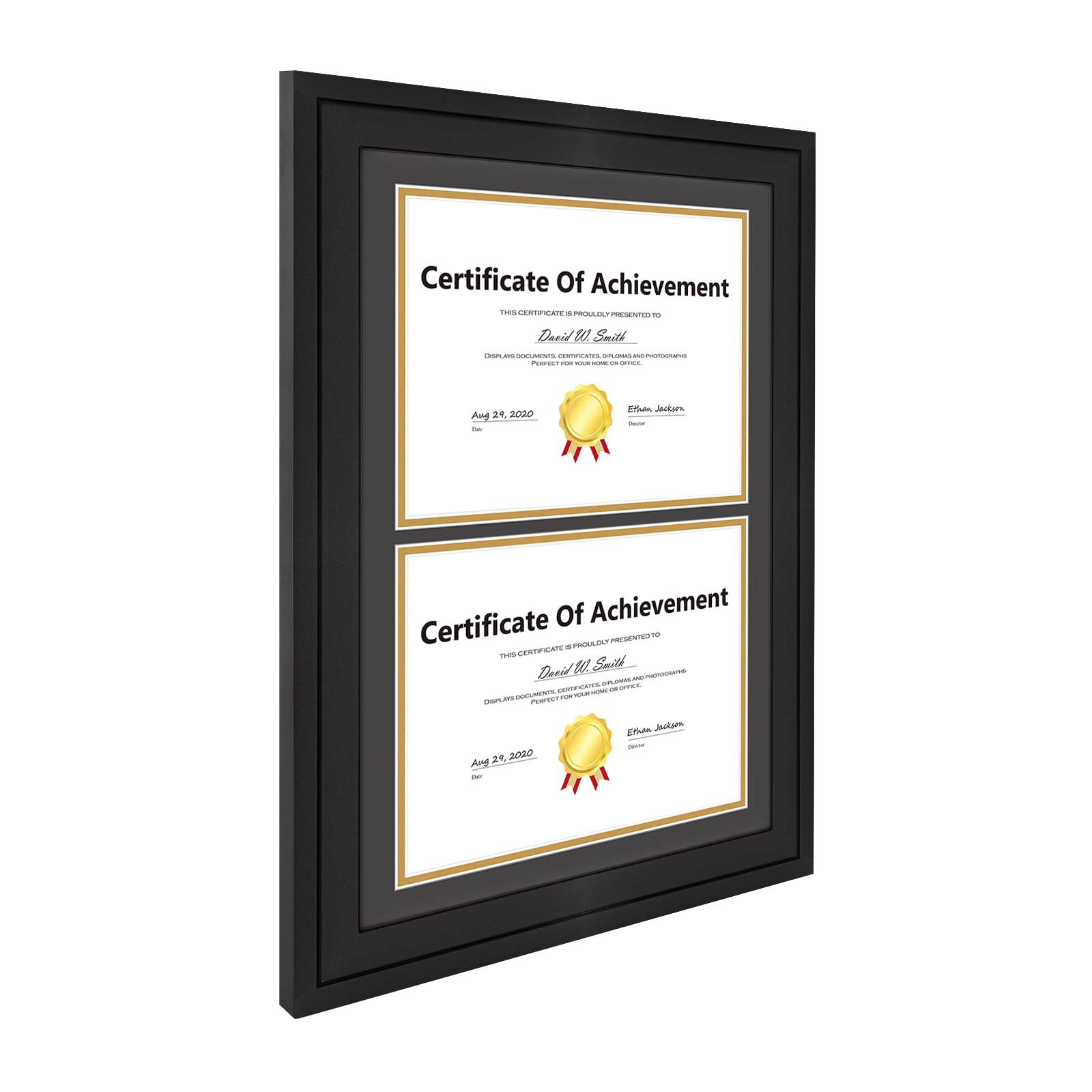 Golden State Art 14x20 Double Diploma Frame, Black Frame to Dispalay Double 8.5x11 Document with Black over Gold mat, Solid Wood & Tempered Glass Protection