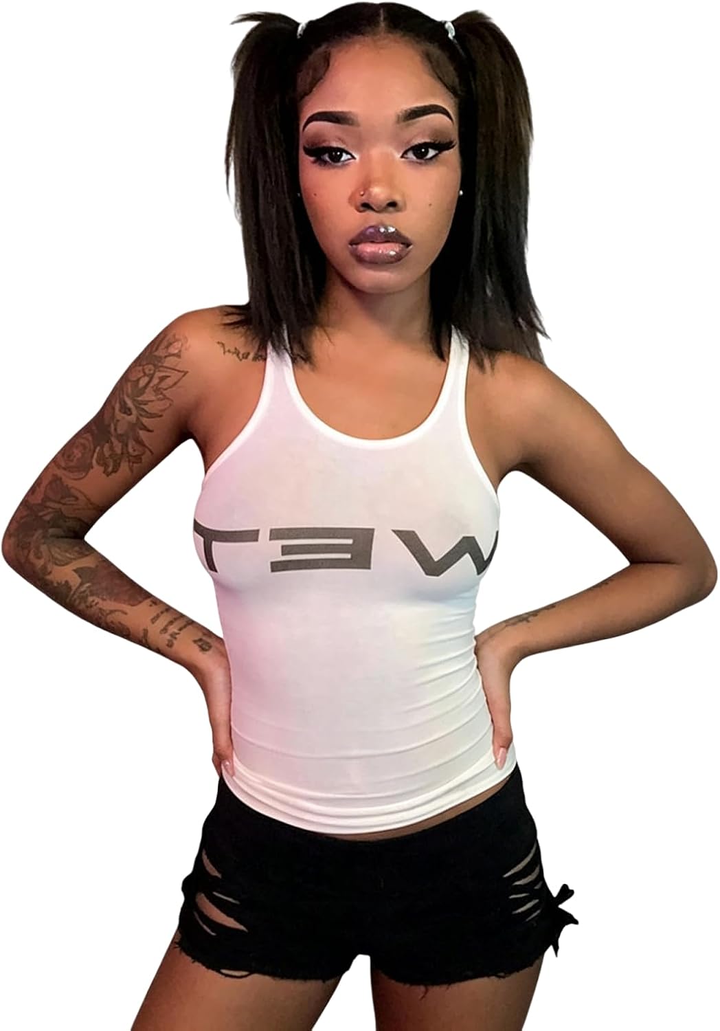 Suillty Women's Sexy Sleeveless Letter Print Crop Tank Tops Y2K Casual Basic Cami T-Shirt Jumpsuits Romper Streetwear