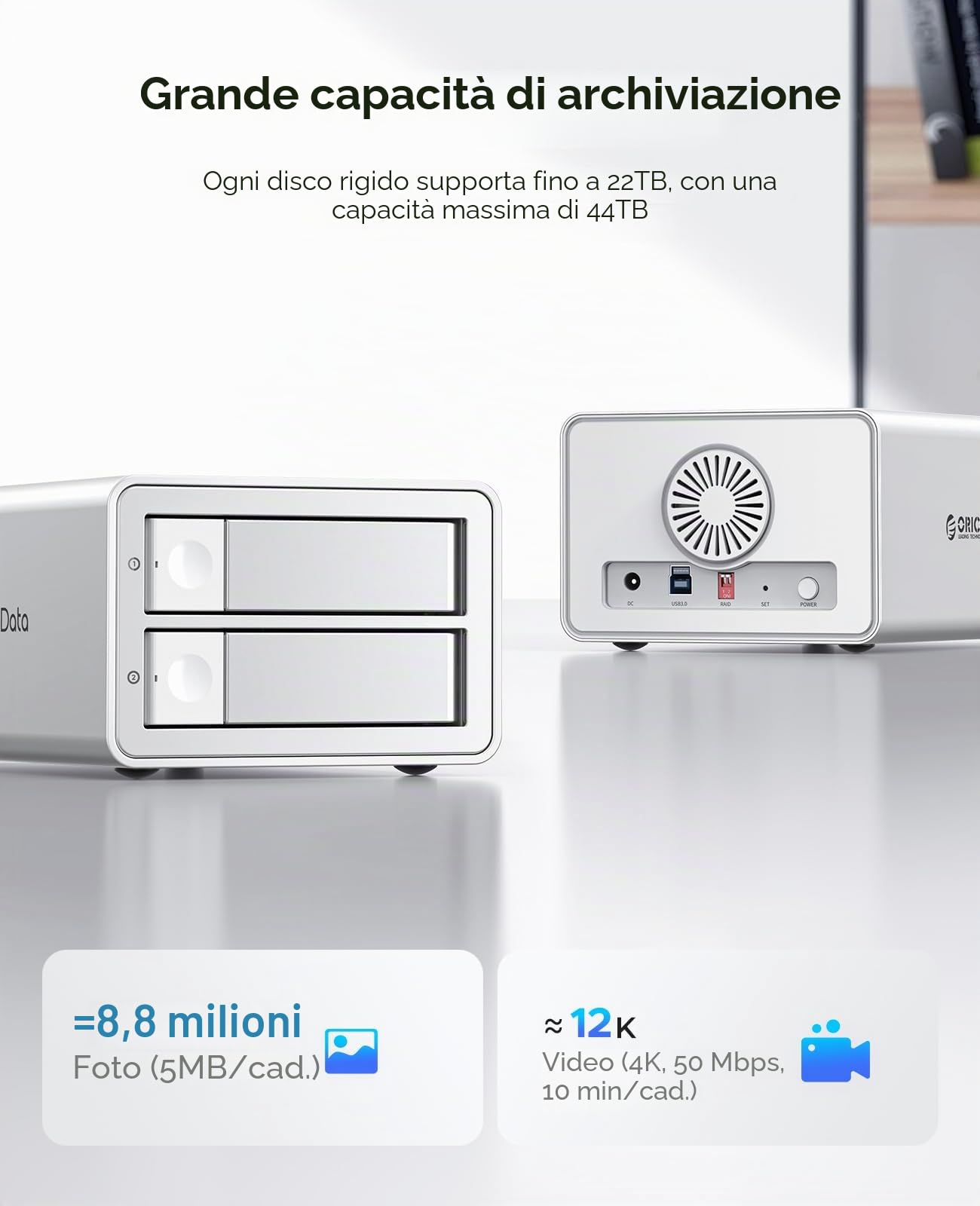 ORICO 2 Baia RAID Alloggiamento Esterno per Dischi Rigidi per HDD/SSD SATA da 2,5/3,5 pollici Fino a 2X 22TB, USB3.0 Type-B Docking station, Supporta RAID 0/1/PM (9928RU3)