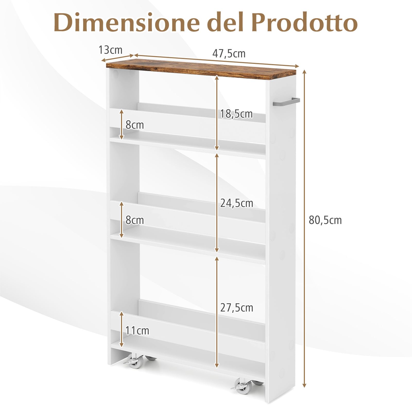 GYMAX Carrelli Portaoggetti a 4 Ripiani, Carrello con Ruote Salvaspazio con Maniglia, Carrello a Scaffale Slim Stretto in Legno per Cucina, Bagno, Lavanderia, 47,5 x 13 x 80,5 cm (Bianco+Marrone)