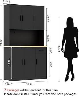DIYART Black Kitchen Pantry Cabinet, 71" Tall Kitchen Storage Cabinet with Power Outlet, Freestanding Kitchen Hutch with countertop