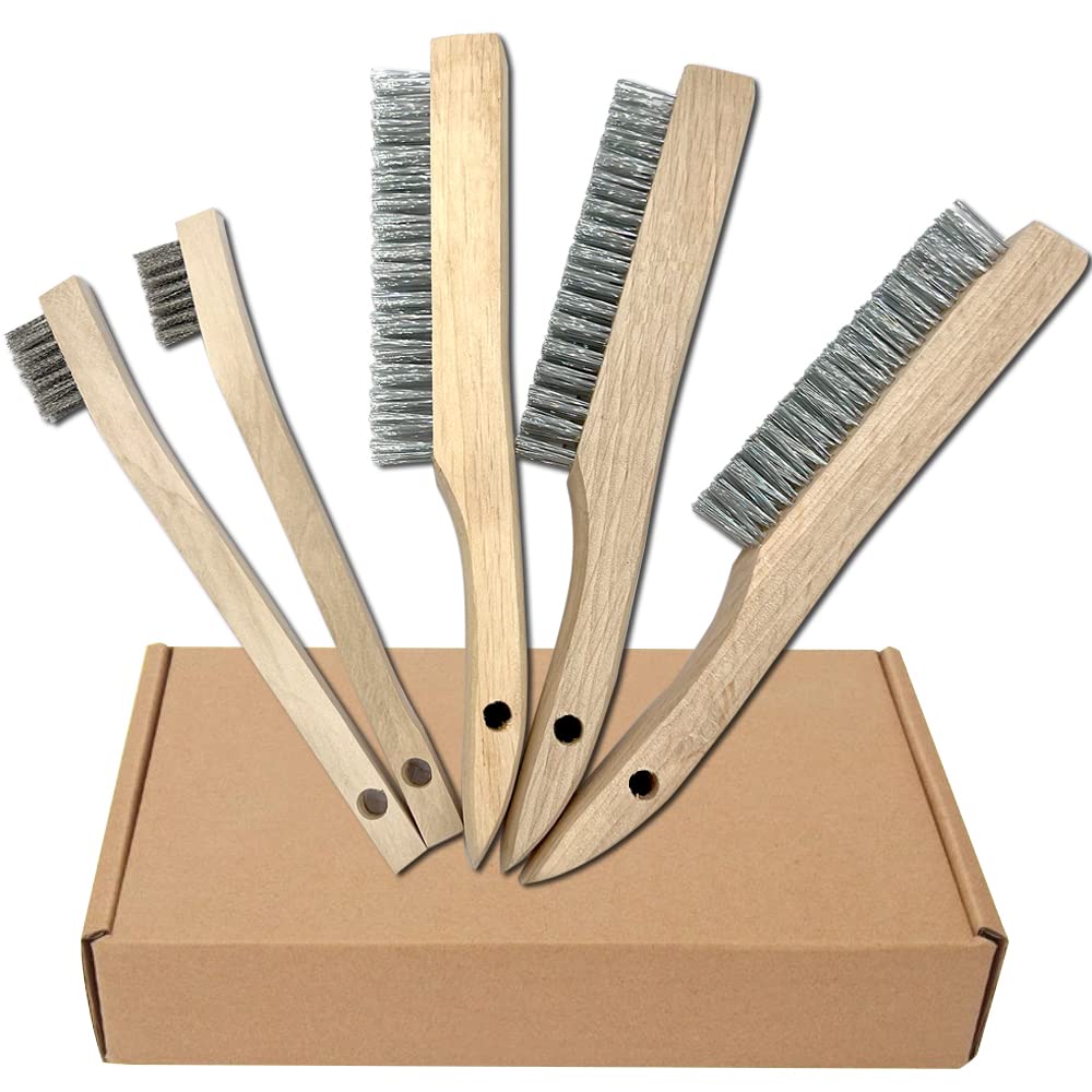 NICAVKIT 5-Piece Hand Wire Brush Set, Wire Brushes with Wooden Handle, 3xLarge Stainless Steel Brushes 250 mm