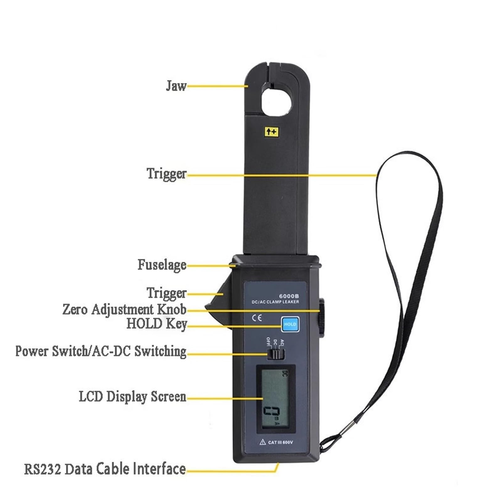Amperímetro digital ETCR6000B con pinza amperimétrica de fuga de CA/CC y almacenamiento de 99 datos