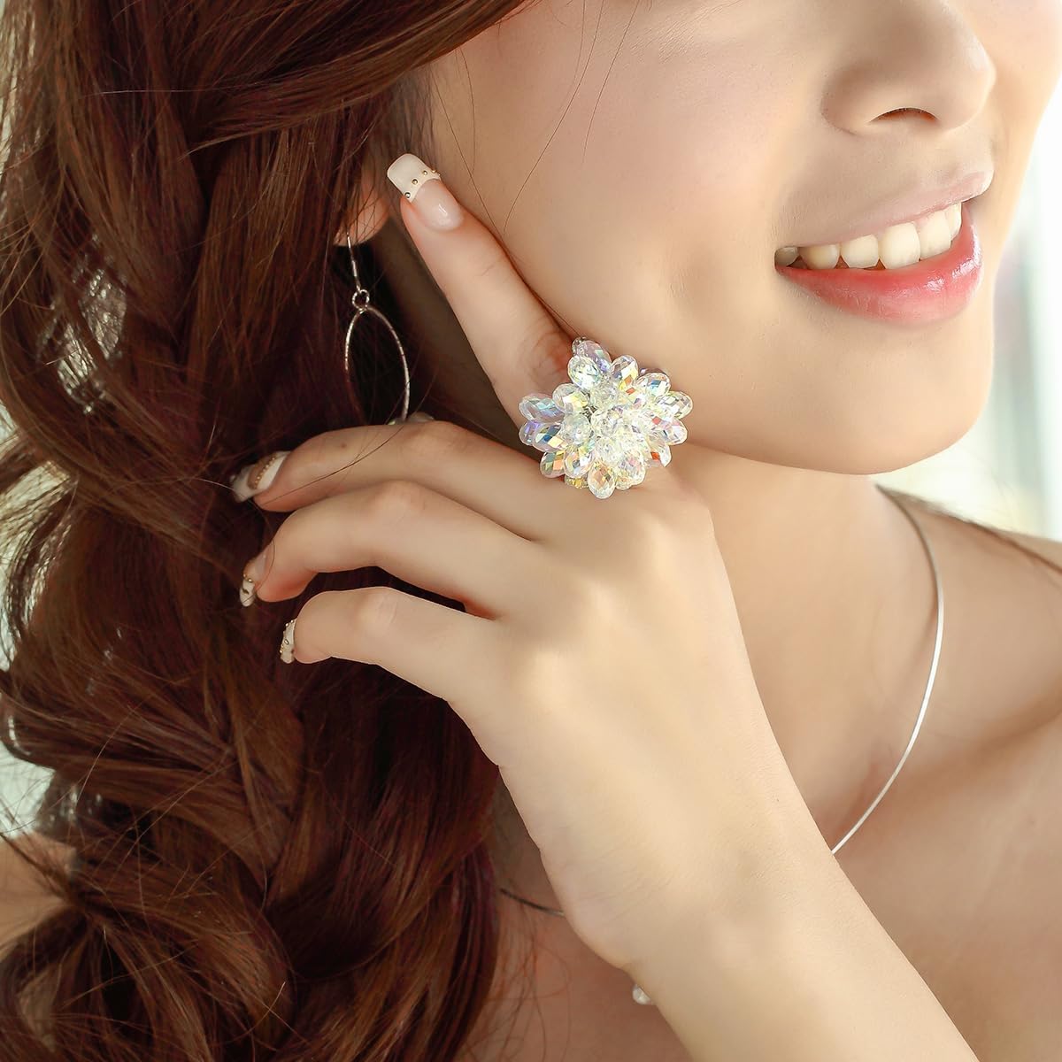 Handcraft Multicolor Ring Adjustable 925 Sterling Silver with Austrian Raindrop Crystals Stunning Jewelry Piece for Women ladies gift