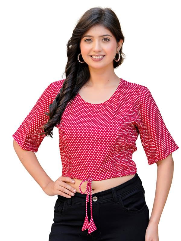 Image of Yash Gallery Women's Rayon Trendy Polka Dot Design Blouse with Bobbin Elastic & Adjustable Front Dori