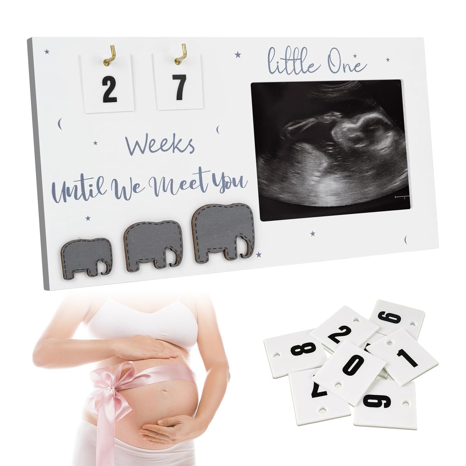 Tissting Baby Scan Photo Frame 9 x 5in Solid Wood Sonogram Picture Frame with Countdown Calendar, Baby Ultrasound Photo Frame for 3 x 4in Photos