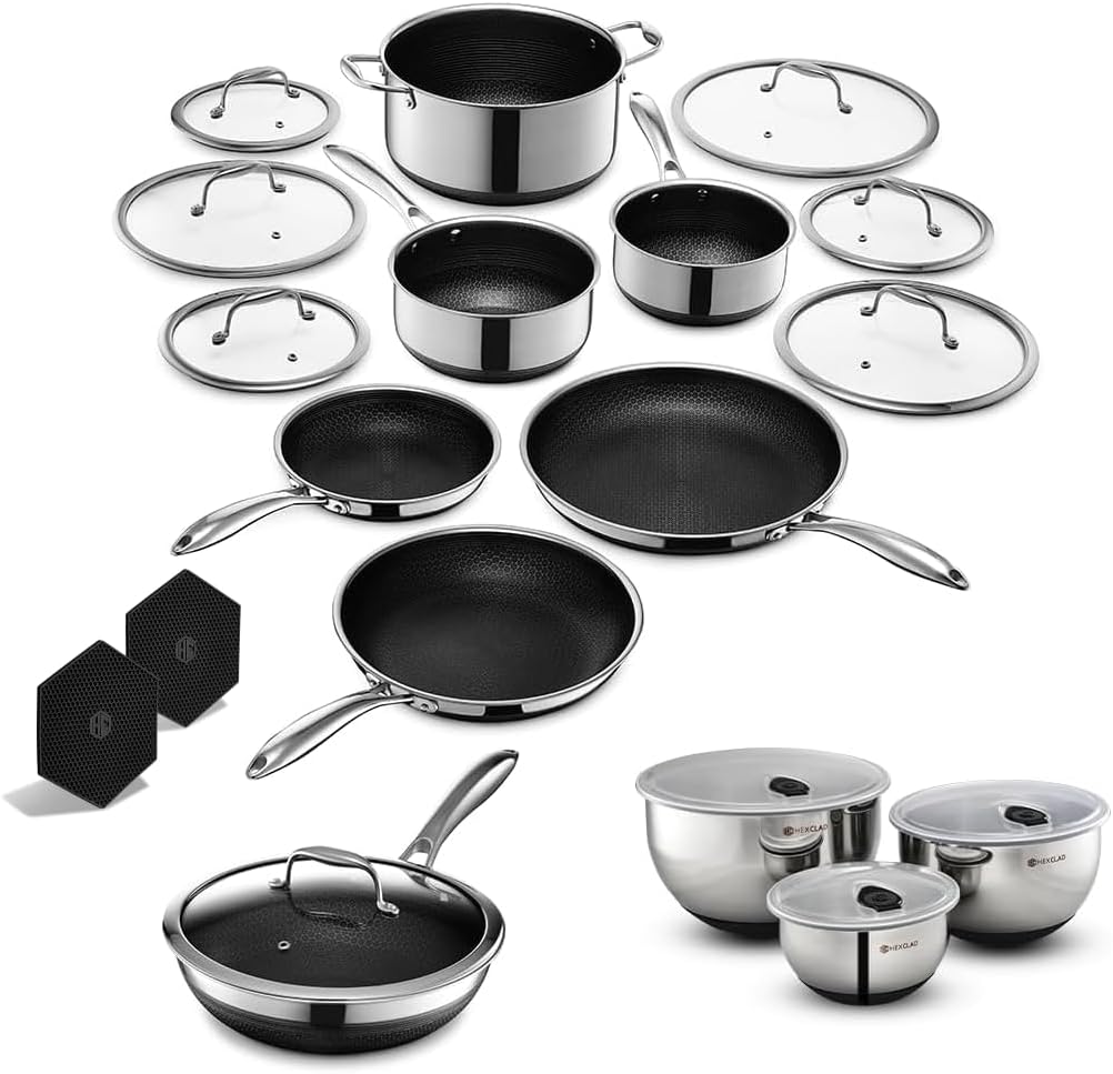 HexClad 18Piece Set 3Piece Mixing Bowl Set, Nonstick 6Piece Pot Set with Lids