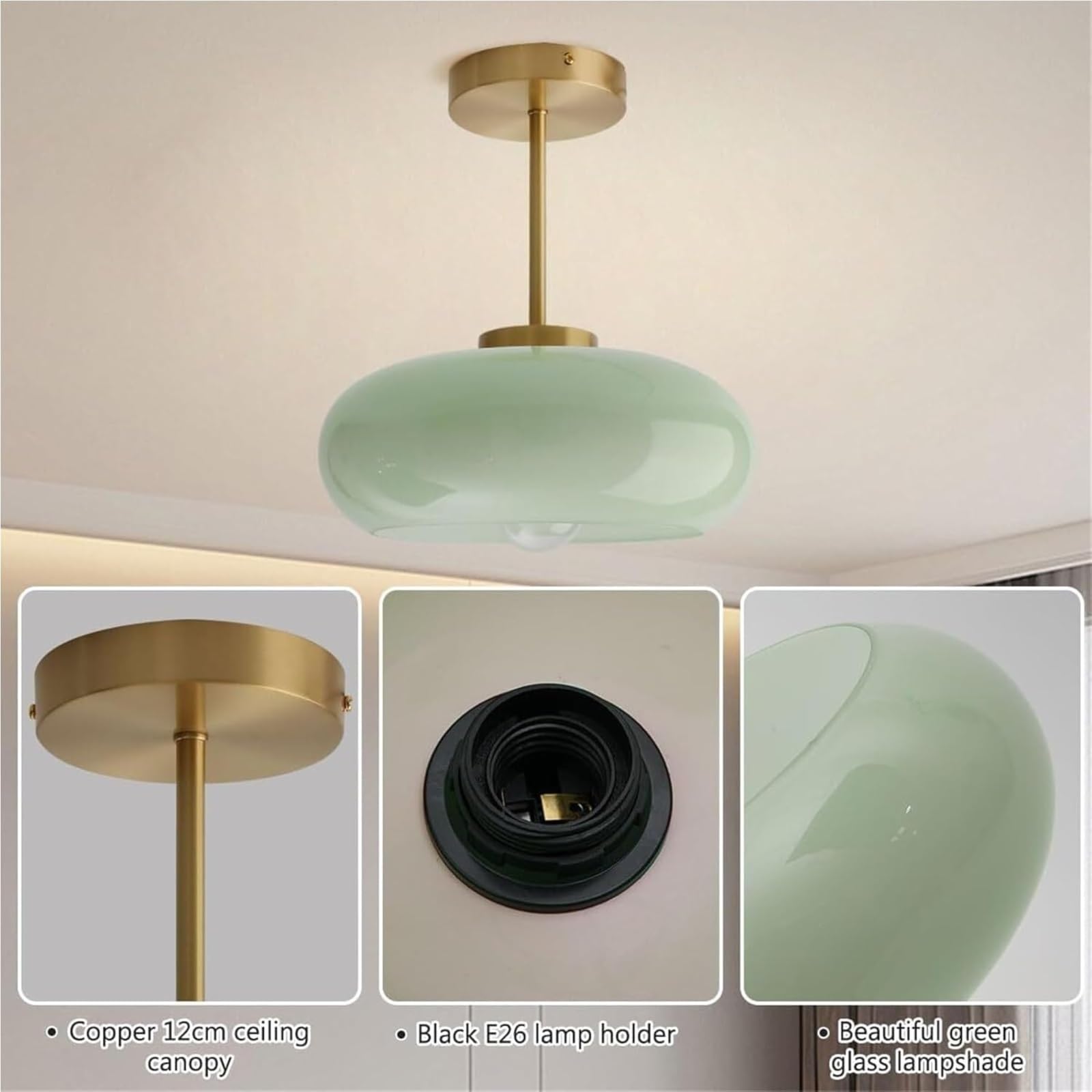 Ovale Hängelampe mit transparentem Glasschirm, Pendelleuchte, dimmbare Deckenleuchte mit Metallsockel, acht Farboptionen for die Küche im Eingangsbereich(Copper natural color+green)