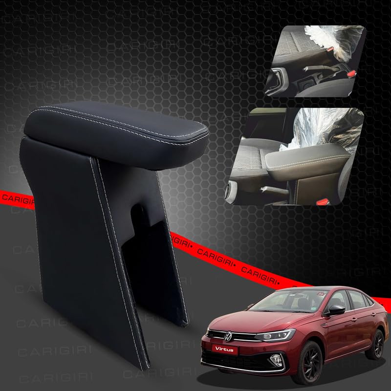 Image of Carigiri Premium Finish Car Armrest with Storage Box And High Density Moulded Foam For Volkswagen Virtus (Black With White Seam,Nappa Leatherette)