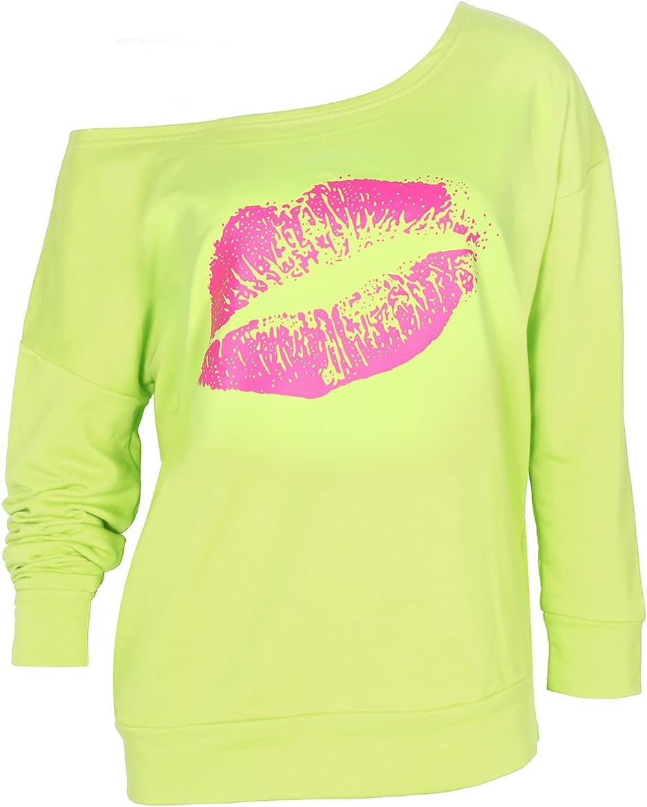 Smile Fish Women's Sexy Off The Shoulder 80s Outfit Sweatshirt Slouchy Printed Long Tunics Top - Image 2