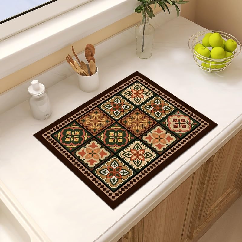 Image of HomeCloud Super Absorbent Dish Drying Mat for Kitchen Counter - Non-Slip, Heat-Resistant Rack Pad - Hides Stains, Ideal 4 Dishes, Coffee Maker, and Kitchen Appliances (Olive Multi, 50x40 cm)