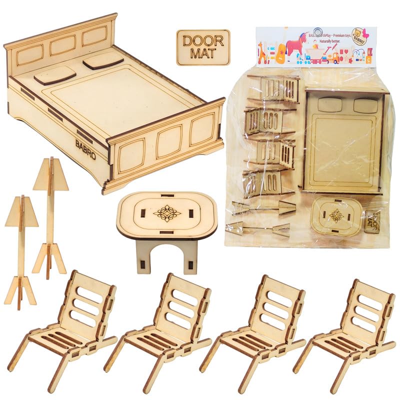 BABRO - Wooden Doll House Furniture Set for Kids | Miniature Wooden Toy Furniture for Pretend Play & Doll House Decoration-image-48