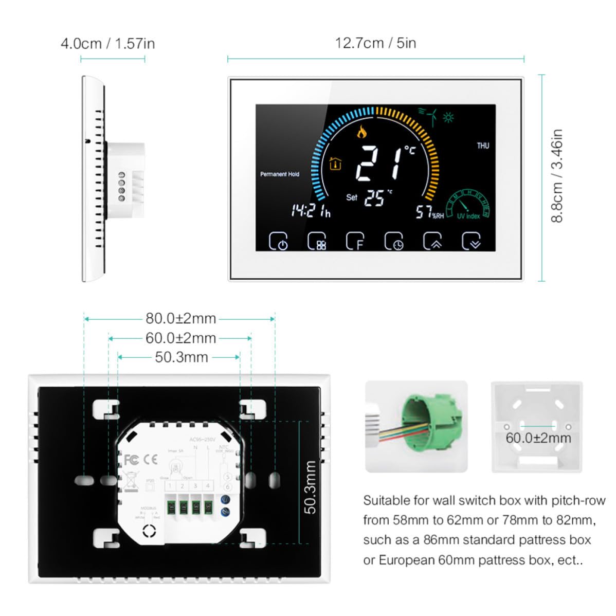 Intelligenter WLAN Temperaturregler Weiß mit Touch Bedienung und Großem LCD Display für Haushalt 5a Leistung PC und Abs Material Programmierbarer Thermostat