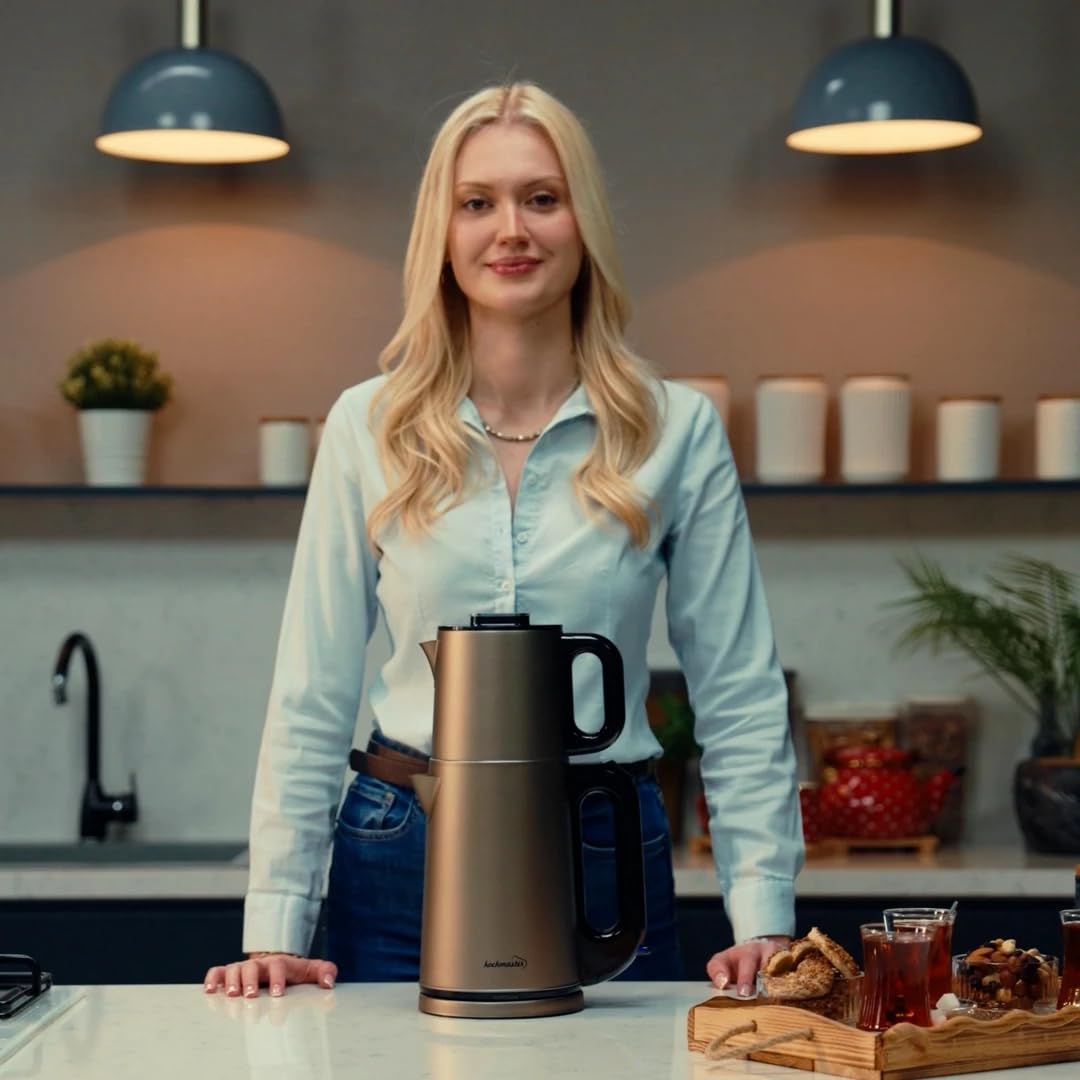 Dem Vakti Teekocher – 2,0L + 1,0L, 1800W, Edelstahl Teemaschine, Warmhaltefunktion, 360° Basis, Türkischer Teekocher