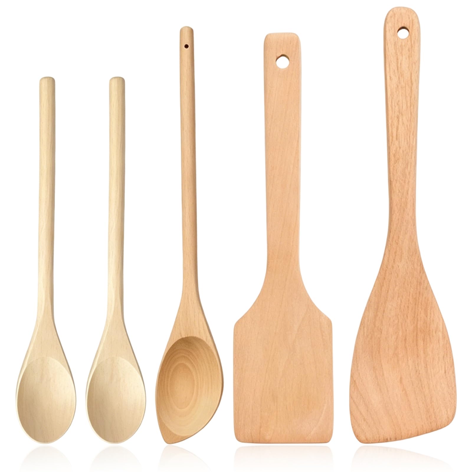 5 Pcs Wooden Spoons for Cooking, Kitchen Utensils Set Wooden Utensil Set, Oblique Shovel Straight Shovel Oblique Spoon and 2 Pcs Woodens Spoons, Woodens Kitchen Utensils for Cooking Baking