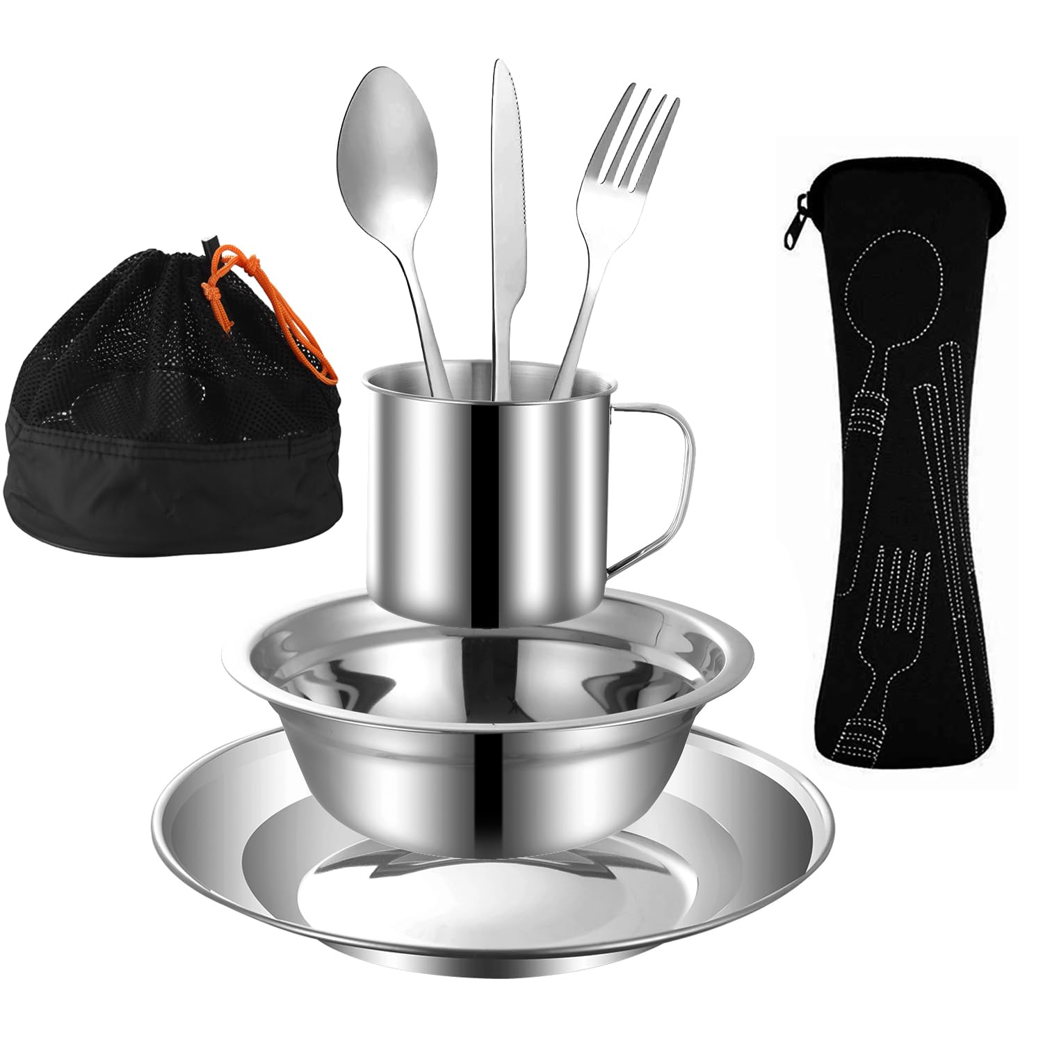 MOUFIER Outdoor Camping Cutlery Set Stainless Steel Tableware Mess Kit Includes Plate Bowl Cup Spoon Fork Knife in Mesh Bags for Camping Backpacking & Hiking for 1 Person, Silver (M028)