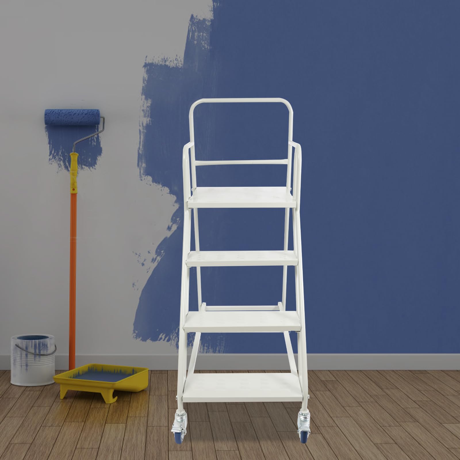 Escalera mecánica de 4 peldaños, 60 x 100 x 100 cm, escalera de seguridad, 4 peldaños, con ruedas y frenos, soporta hasta 400 kg, acero laminado en frío, escalera de almacenamiento de cuatro niveles