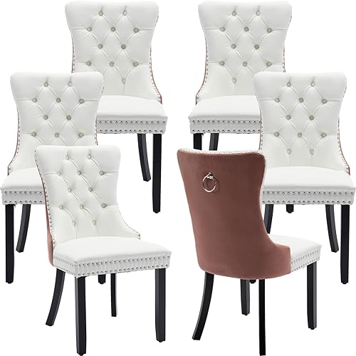 Miniatura 56 de Juego de 4 sillas de comedor de terciopelo, sillas tapizadas con respaldo de alas altas copetudas con ribete de cabeza de clavo y anillo de 01 -