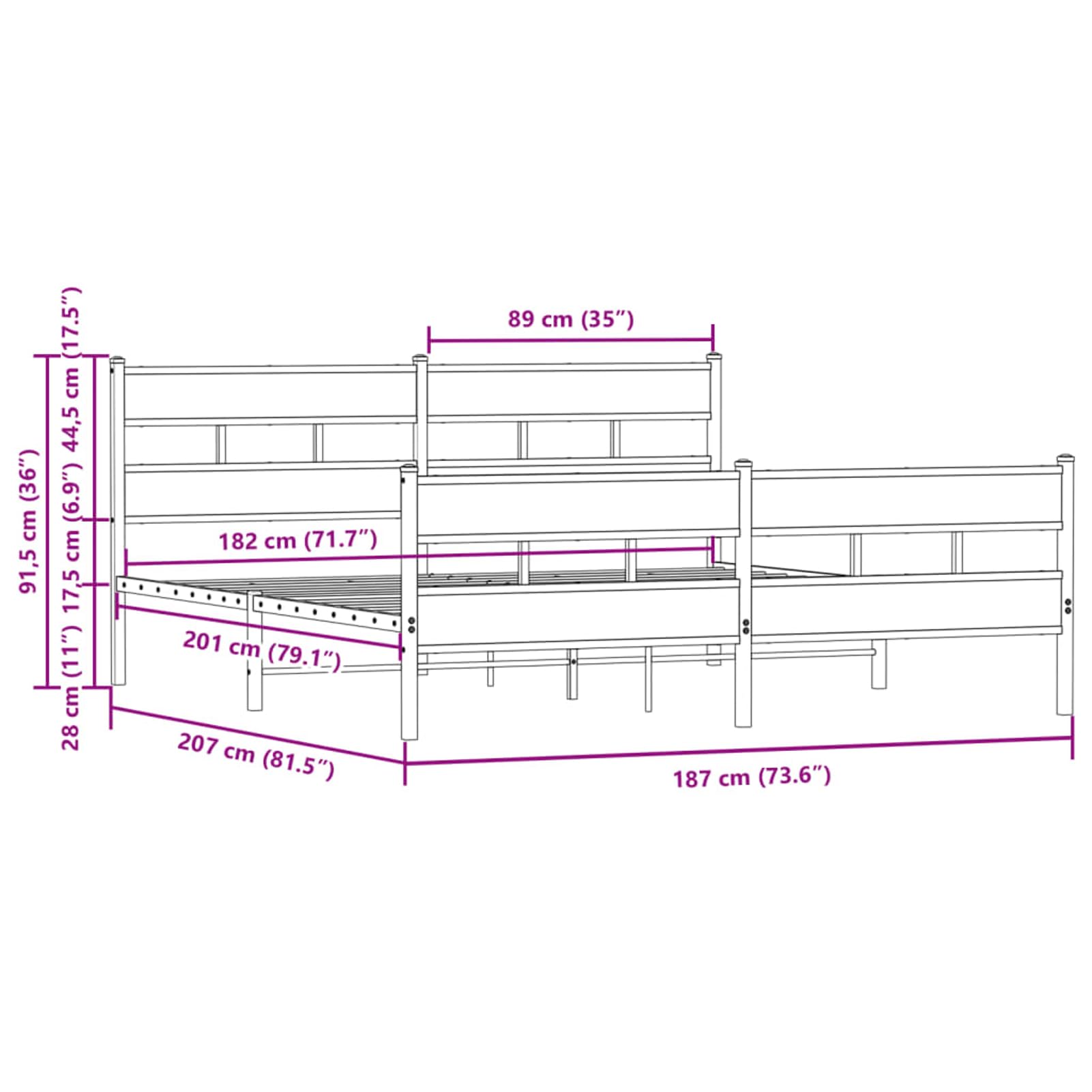 WGYHOME metalowa rama łóżka 180 x 200 cm, brązowa, imitacja dębu, ze stali ze środkowymi nóżkami i schowkiem pod łóżko, dla dorosłych