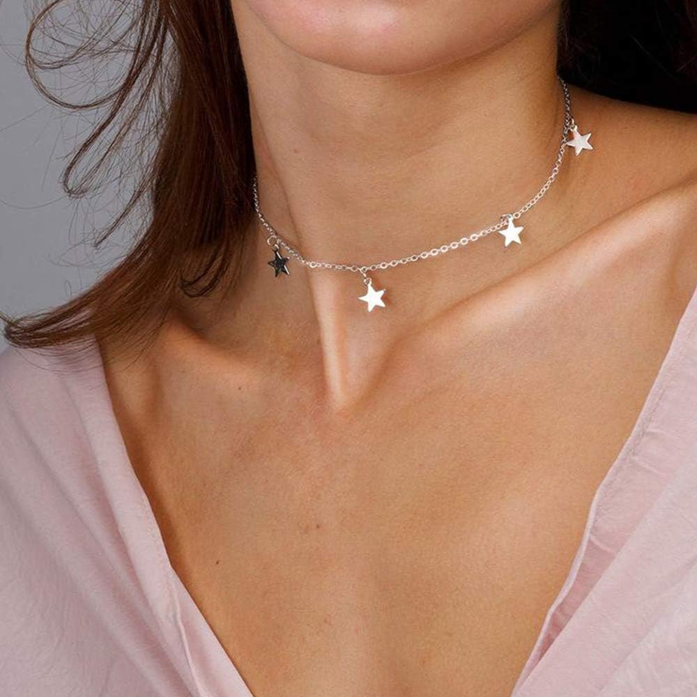 Women Gold Star Dangle Choker Necklace 