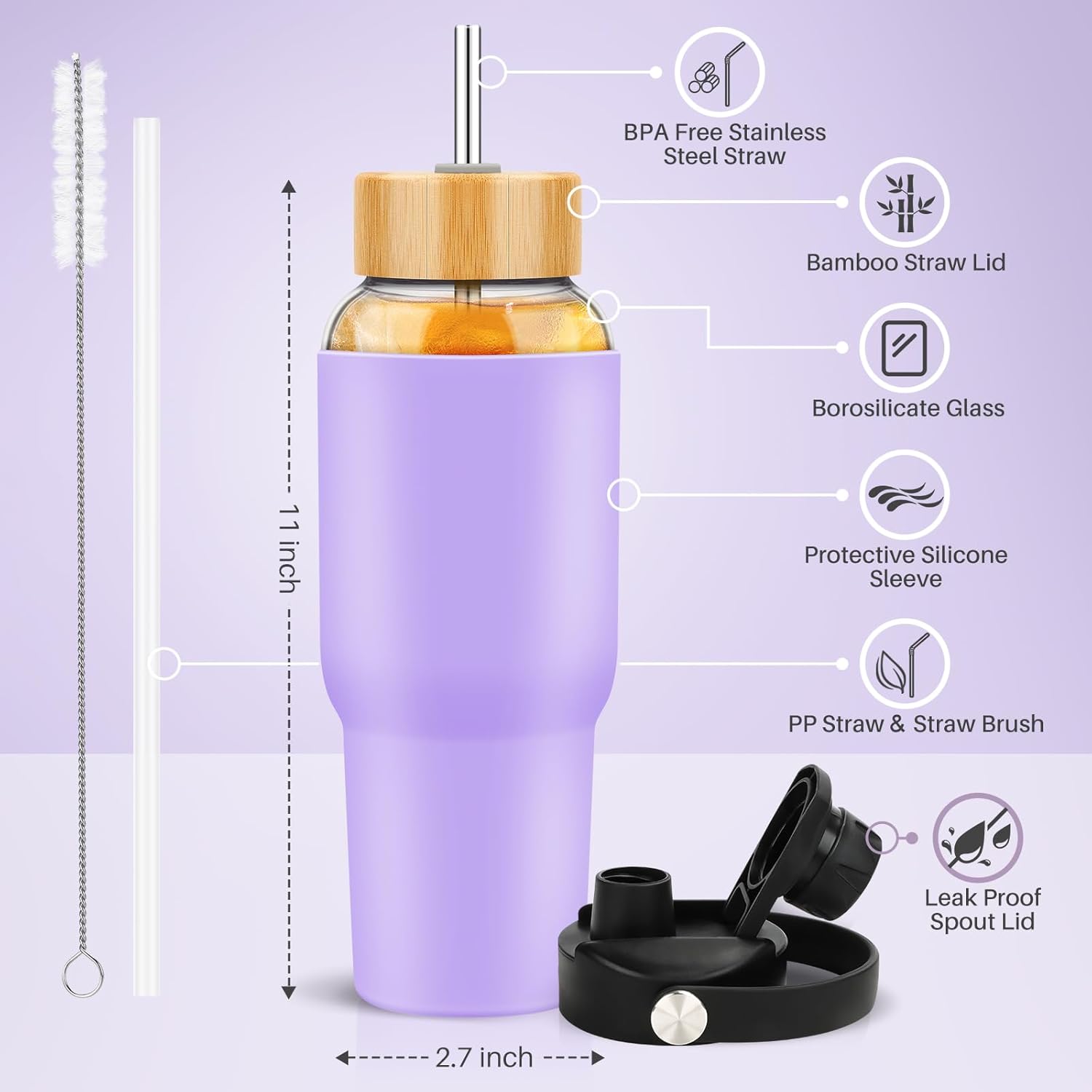 PROBTTL Glass Water Bottles 32 oz, 1 Liter Glass Tumbler, Borosilicate Water Bottle with Straw, Silicone Sleeve, 2 Lids - Handle Spout & Bamboo Straw Lid, Fits Car Cup Holder (Violet) - Image 2