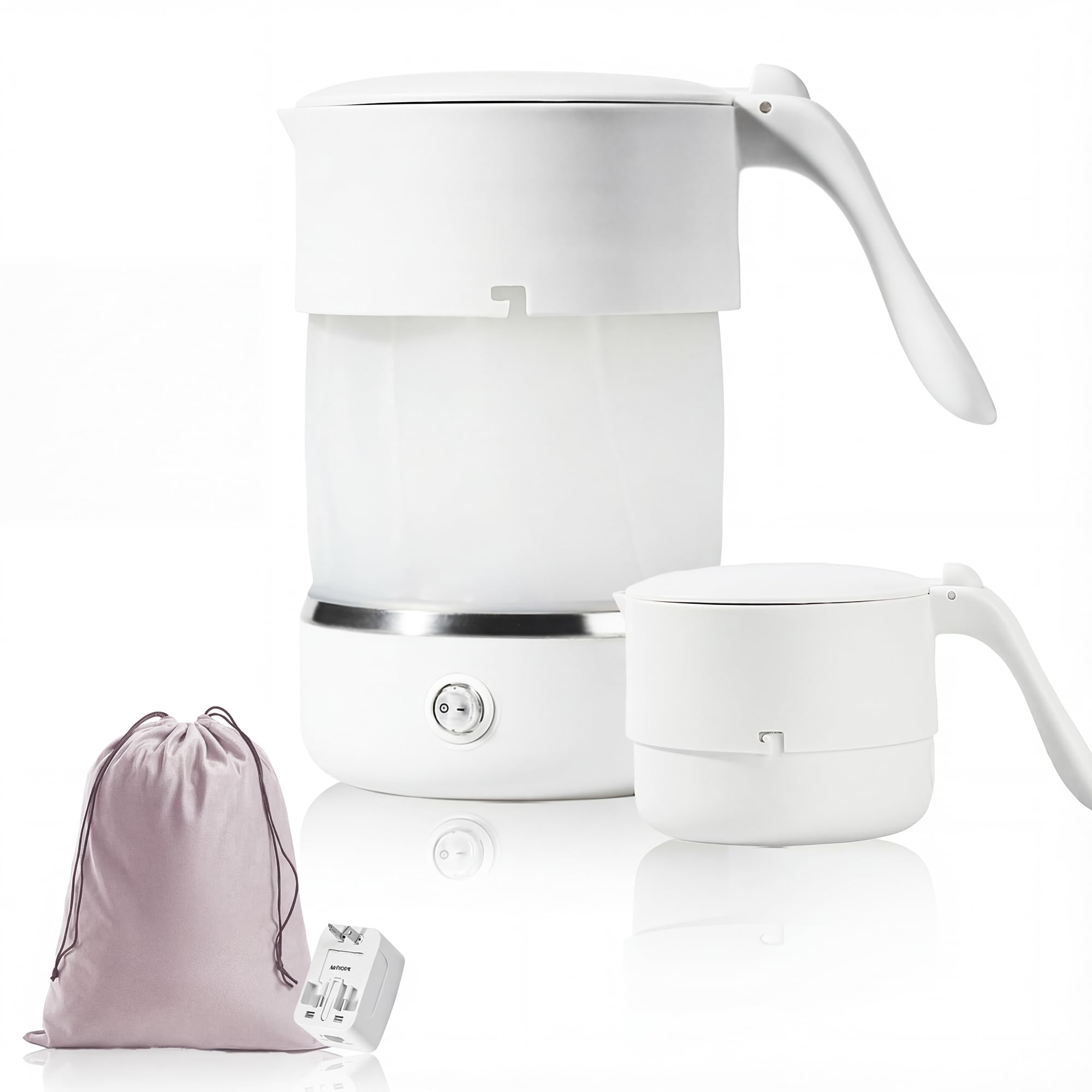 Adirigo Mini Wasserkocher - 500ML Faltbarer Wasserkocher Lebensmittelechtes BPA-frei 680 W Schnellheizung Reise Wasserkocher 304 Edelstahlboden mit Reiseadapter Weltweit (Weiß)