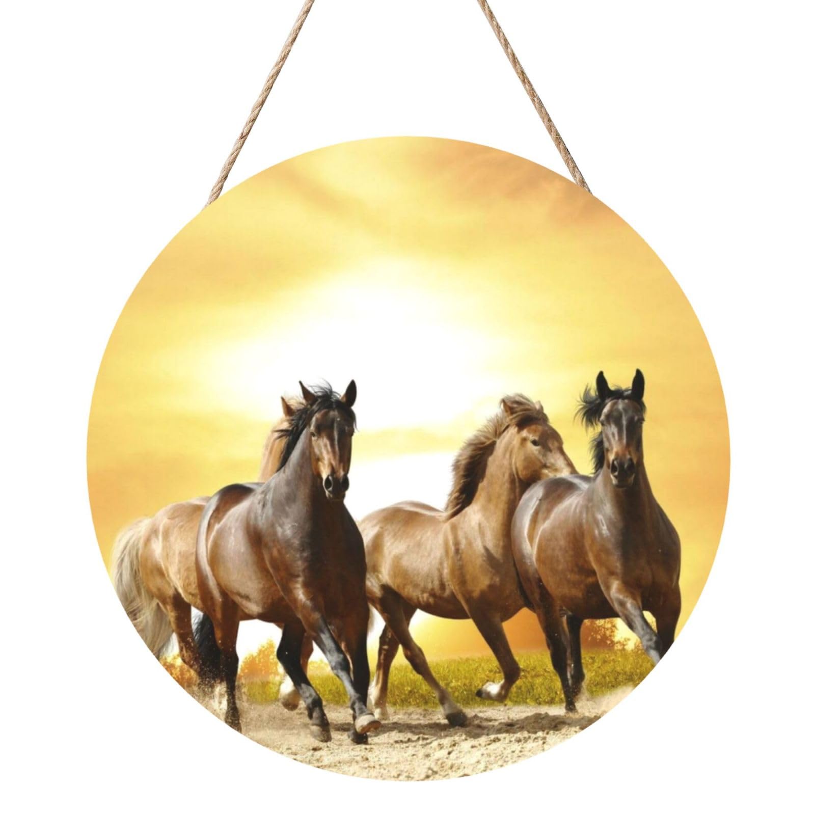 InOmak Group Horse In Sunset, Round Wood Panel Painting 12 in, Wall Hanging Painting For Home