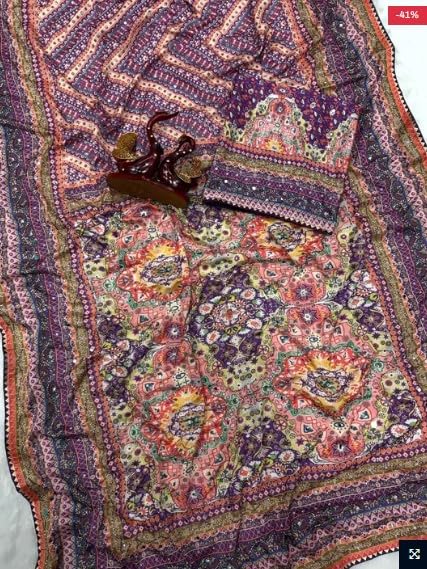 Image of Women's Chinon Silk Saree with Printed Design, Mirror Work & Zari Woven Detailing | Ethnic Wear Saree with Unstitched Blouse Piece | Traditional Festive & WeddingWear