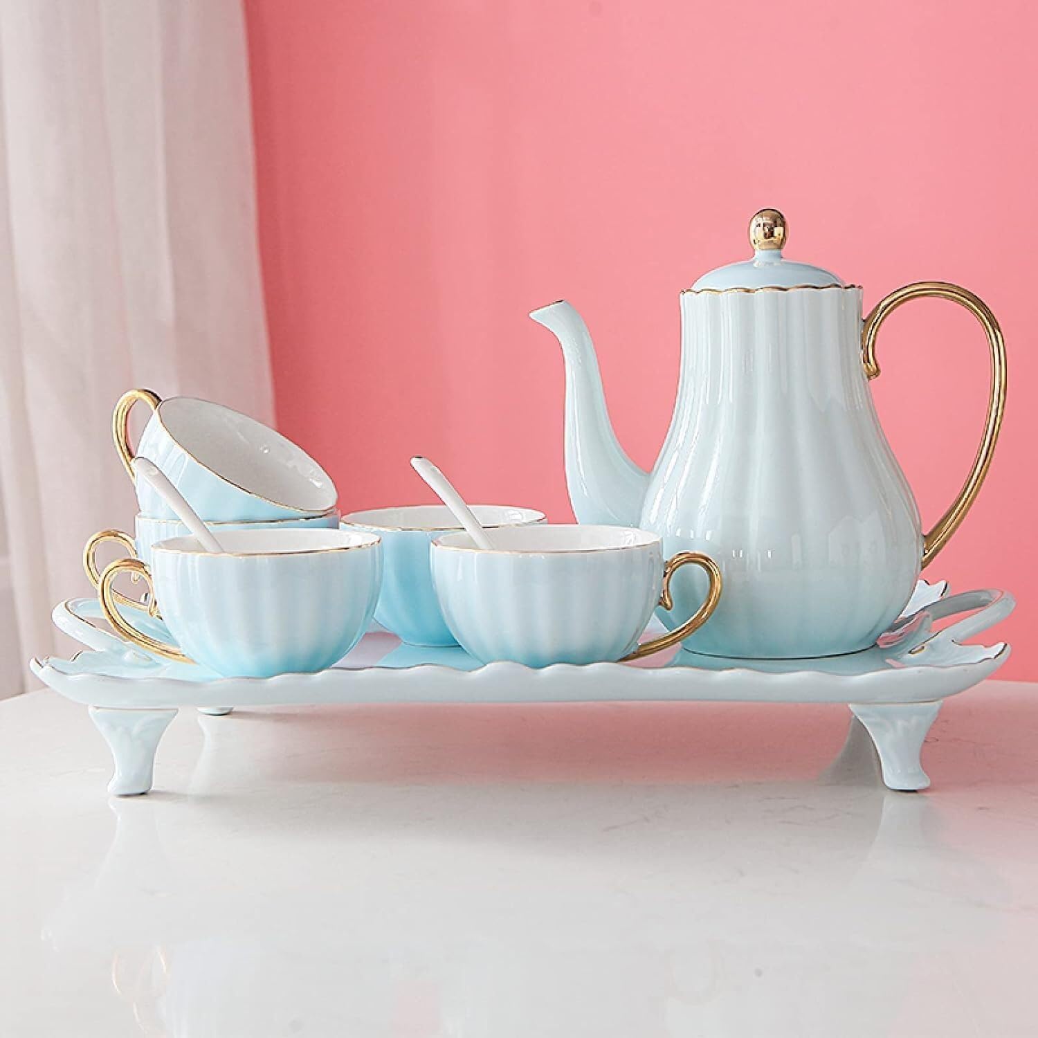 Tea Kettle Teapot Ceramic Teapot, Modern Tea Set with Teapot Porcelain Tea Sets for Adults Coffee Cups Set with Tray and Teaspoons for Household,(Blu)