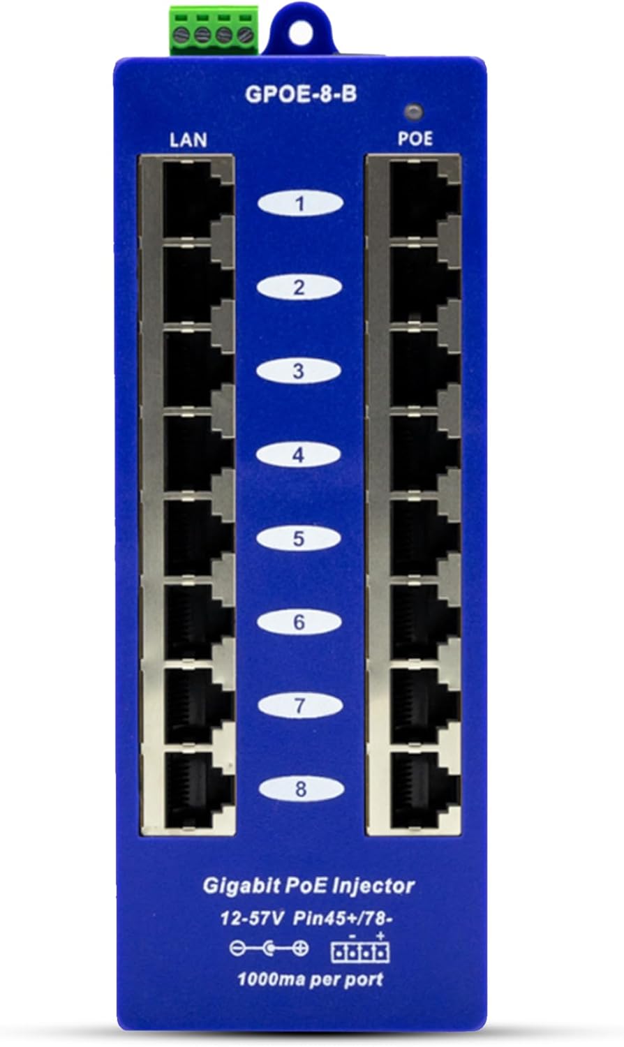 PoE Texas GPOE-8B - 8 Port Gigabit Passive Mode B Power Over Ethernet Injector for Ubiquiti, Mikrotik & More - Add PoE to Non-PoE Switch - 24v, 48v or 56v Power Supply Sold Separately