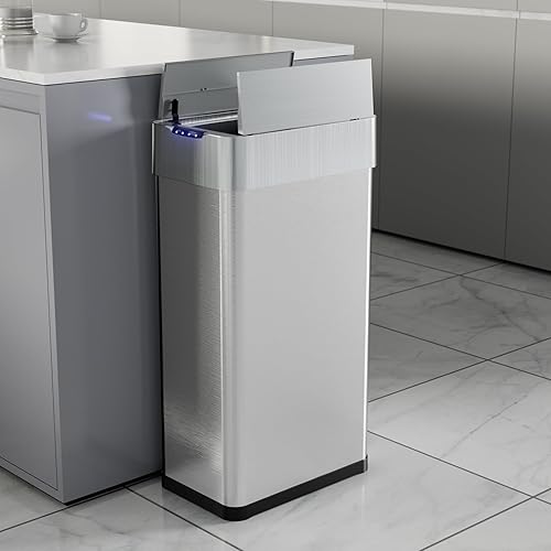 Miniatura 9 de TLSUNNY Basurero automático de 18.5 galones, de acero inoxidable, con sensor de movimiento, cubo de basura inteligente con tapa de mariposa, anillo