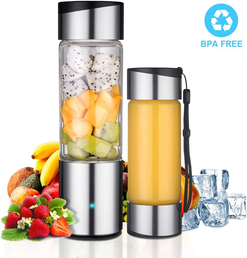 Portable Blender, Stainless Steel Smoothie Blender with 16 oz Glass Travel Cup and Lid, Single Serve USB Rechargeable Cordless Electric Mini Juice Mixer. Personal Handheld Blender