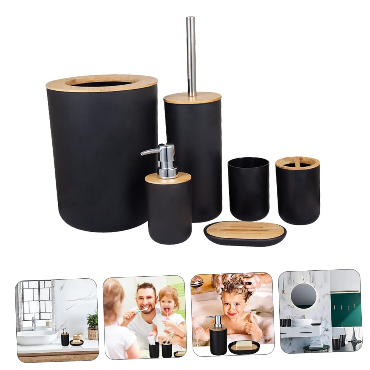 Cabilock Baño Completo Soporte Cepillo Dientes Vaso Enjuague Bucal Loción Jabonera Recipiente Basura Compacto y Útil