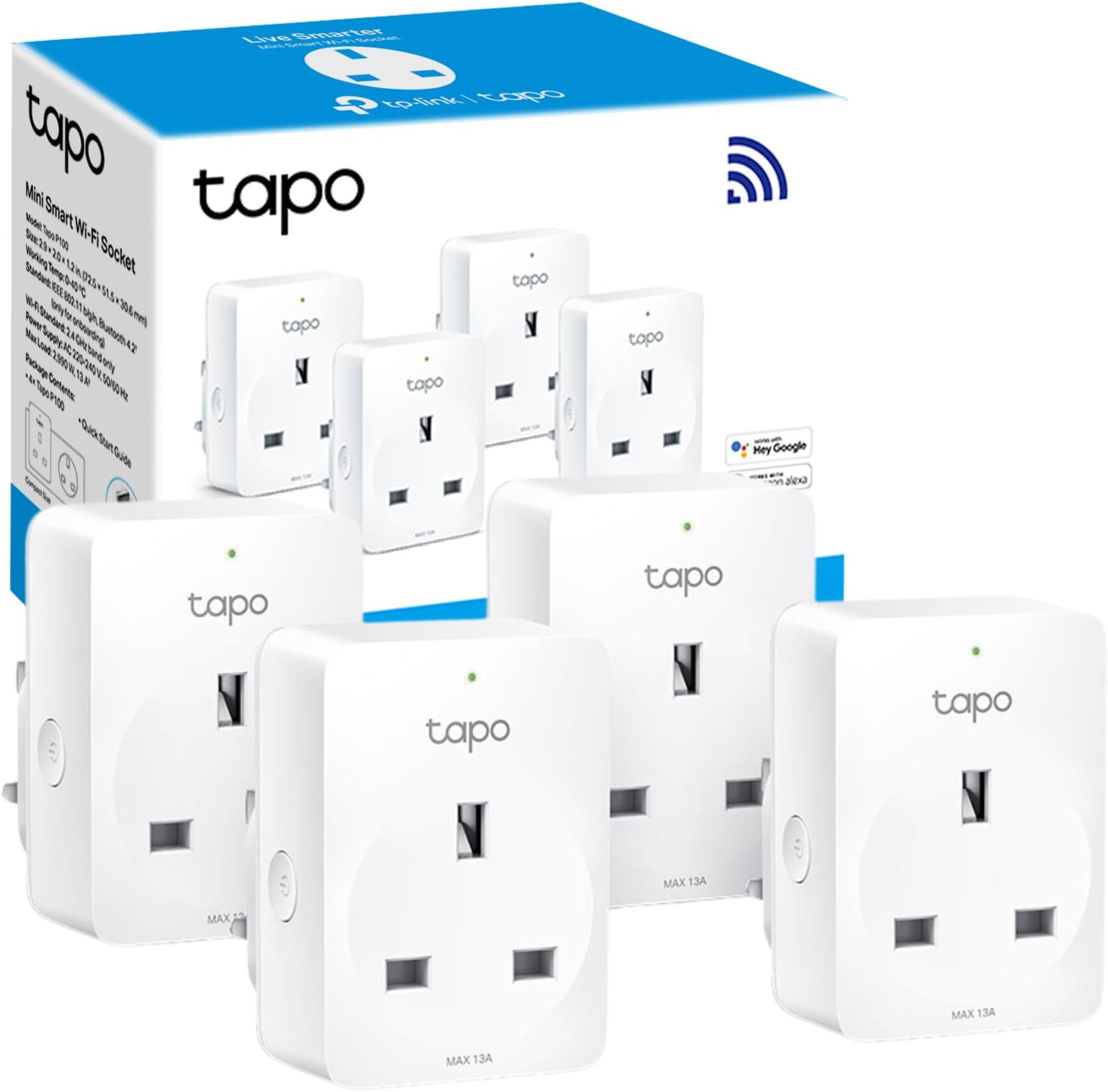 Tapo TP-Link Smart Plug Wi-Fi Outlet, Works with Amazon Alexa (Echo and Echo Dot), Google Home, Wireless Smart Socket, Remote Control Timer Switch, Device Sharing, No Hub Required - P100 (4-Pack)