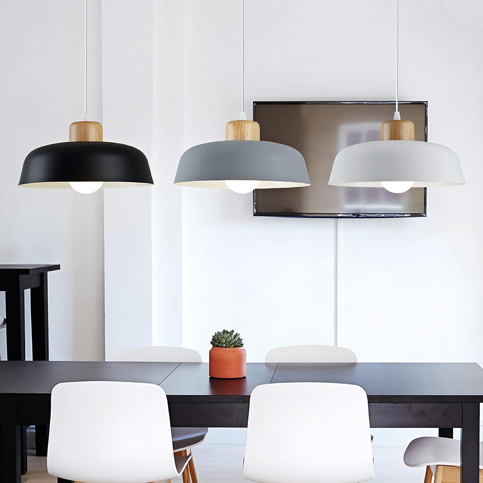 EKSED Makaron, okrągła metalowa lampa wisząca, 300 mm, nowoczesne proste drewniane wykończenie E27 Loft Bar Lampa sufitowa, kuchnia wyspa żyrandol do jadalni (biały)